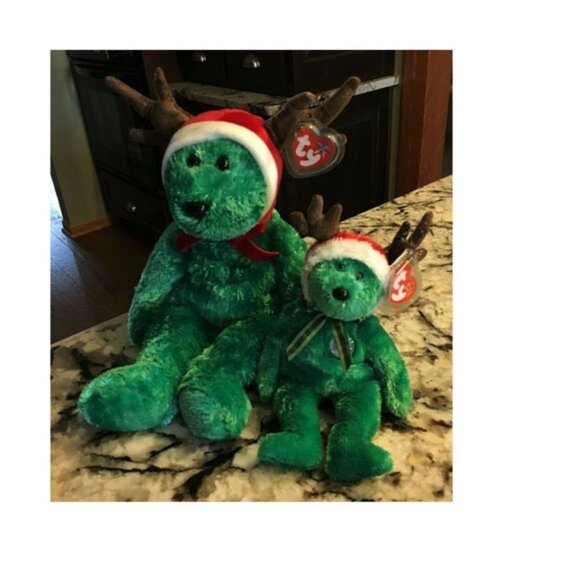 Set (2) 2002 Holiday Teddy TY Christmas Beanie Babies Green Bear Reindeer 8" 14" - Picture 1 of 4